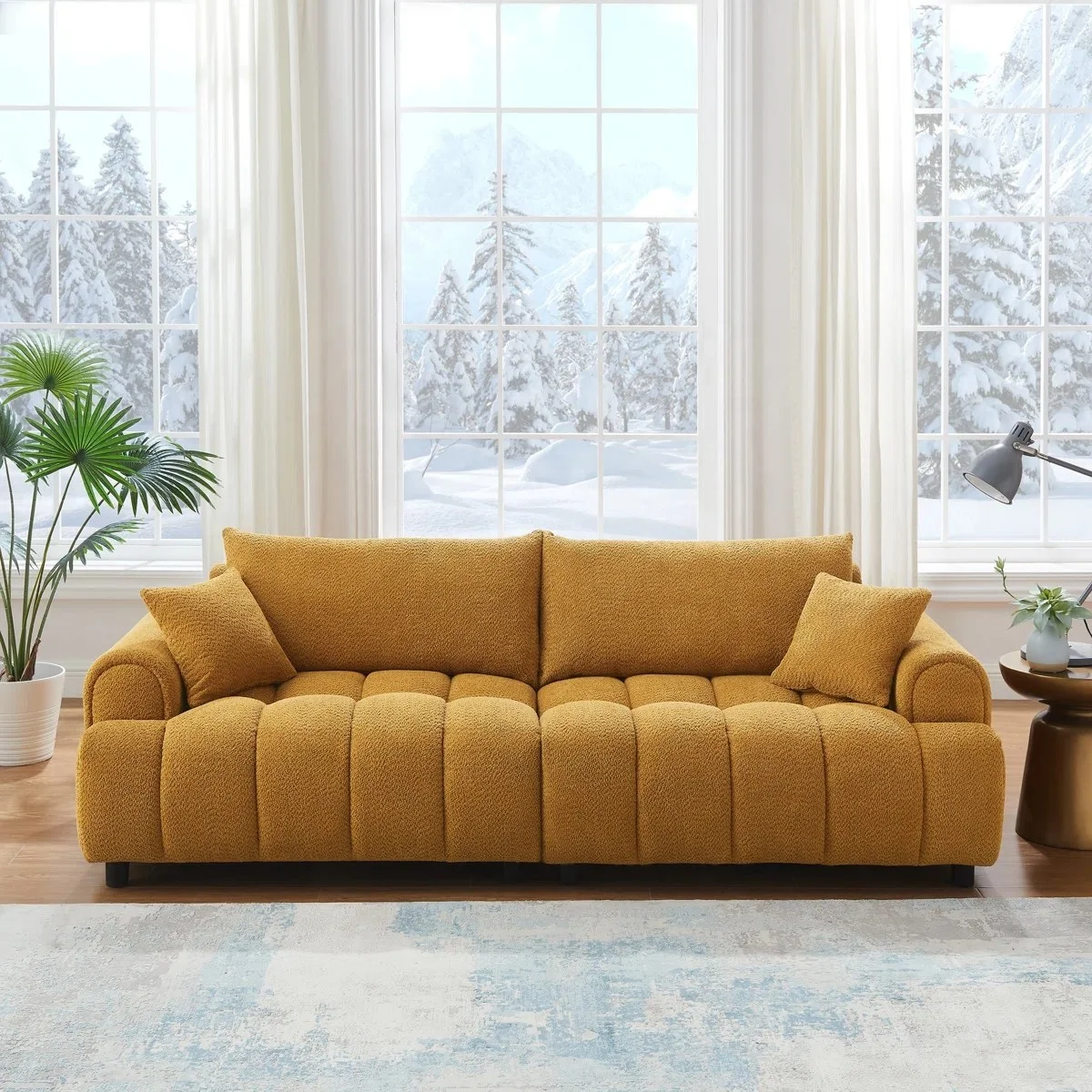 

#Cloud Cream Style Modern Sofa Curry Boucle Fabric 2 Seater Lazy Lounge With Pillows for Living Room Apartment Home Furniture