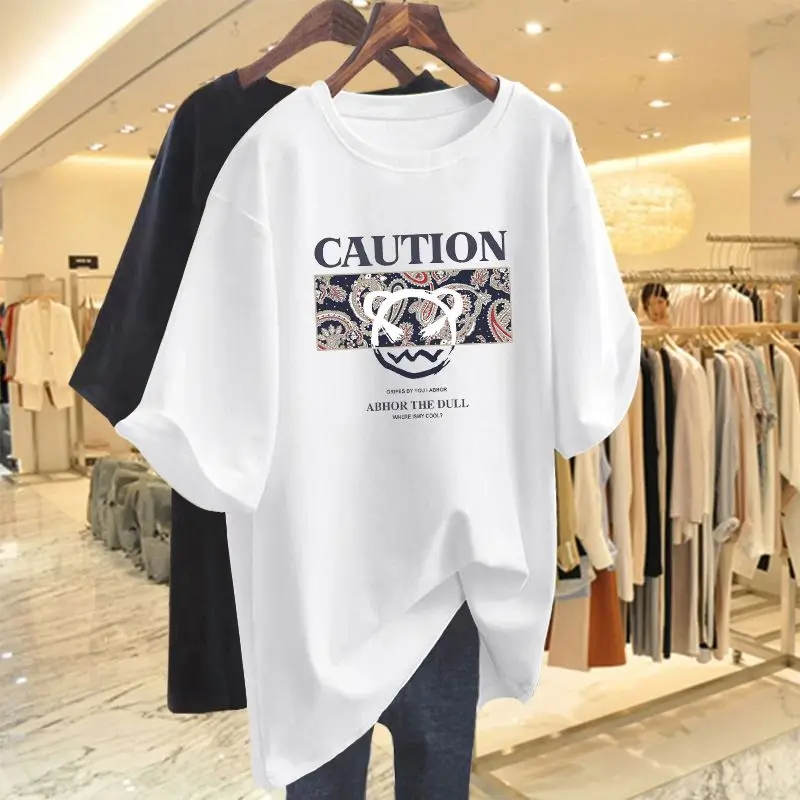 

Women Basics Pure Cotton Tshirt Short Sleeve Loose M-6XL Casual O-neck Tops Summer Y2k Funny Cartoon Printed Letter Pullovers