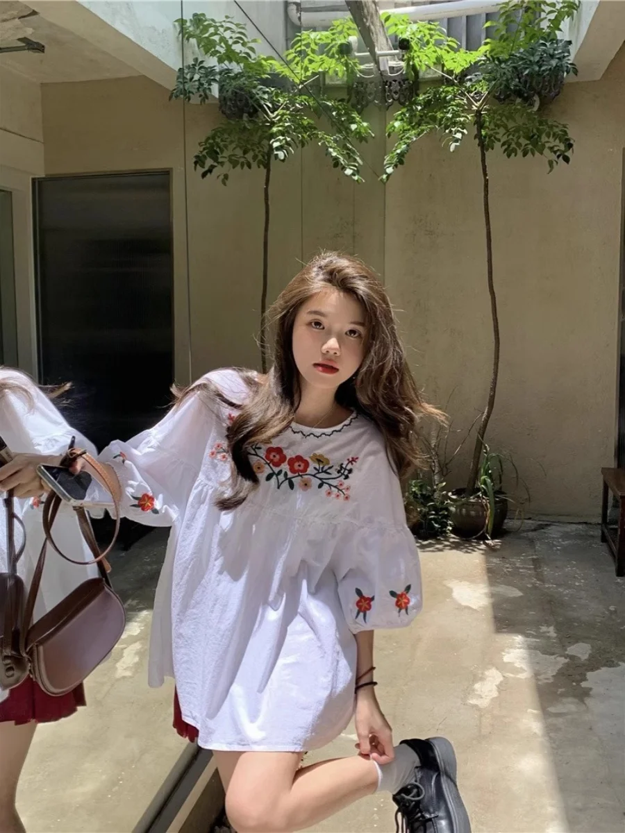 

Женская летняя рубашка больших размеров (до 300 фунтов), свободного кроя, с вышивкой, коротким рукавом-фонариком, скрывающая живот, в стиле «кукла»