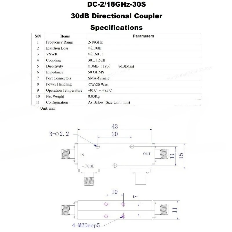 DC-2/18G-30S 2-18GHz 30DB 20W SMA RF Microwave Coaxial Wideband Directional Coupler