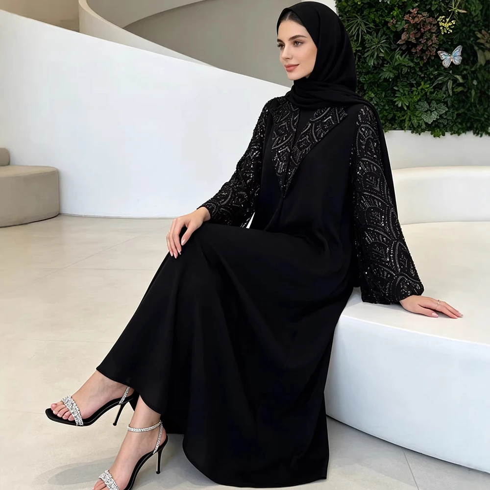 

Muslim Dresses Women Suit Abayas Headscarf Sequins Jalabiya Ramadan Morocco Dubai Kaftan Islam Party Vestidos Arab Long Robe
