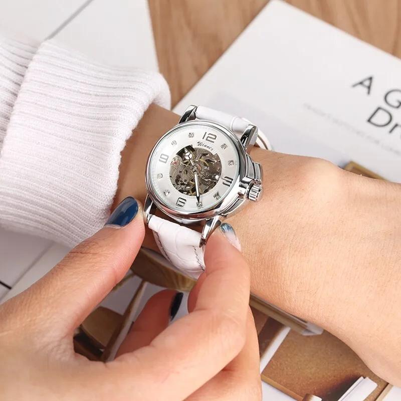 

Women's Watch Automatic Mechanical Movement Watch Skeleton Wristwatch Self Winding Lady White Leather Strap Nice Gift
