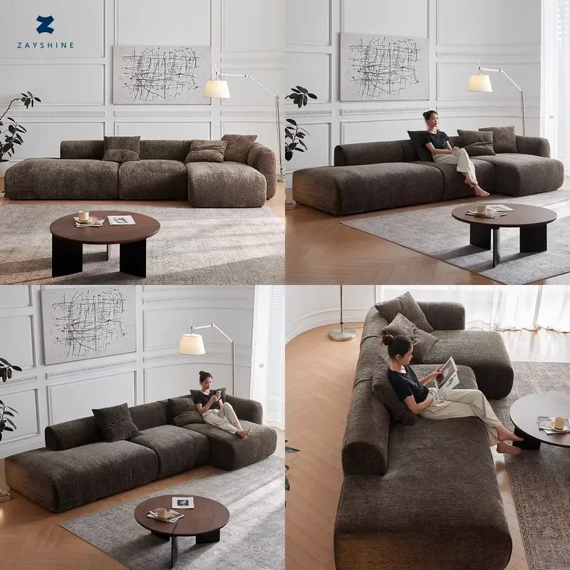 Zayshine French Retro Chocolate Chenille Modular 3-seater Living Room Sofa Set L-Shape Apartment Villa Leisure Floor Corner