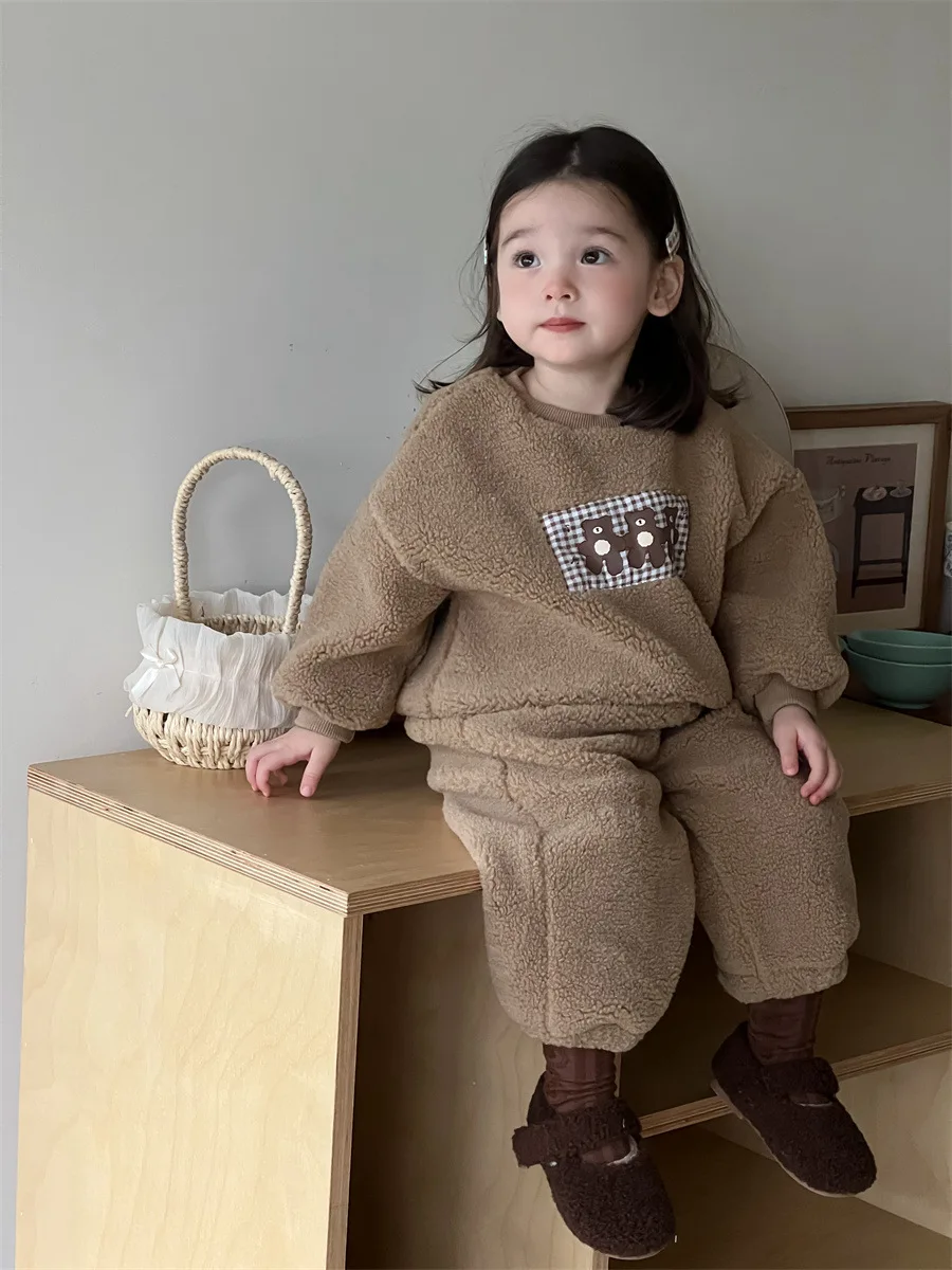 2024 Autumn New Baby Long Sleeve Fleece Set Boys Girls Plus Velvet Thick Bear Sweatshirt Trousers 2pcs Suit Kids Warm Outfits