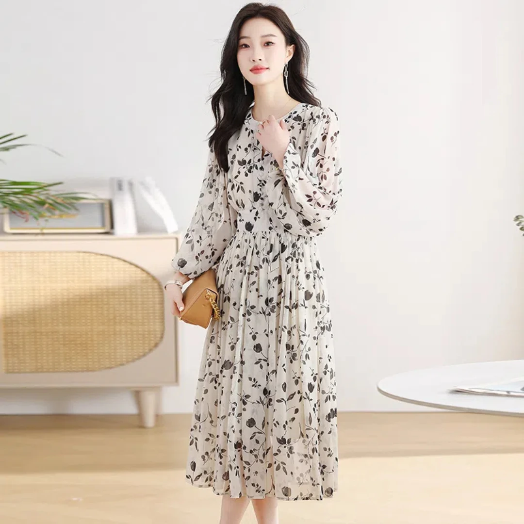 Simple Flavor Women's Floral Vintage Dress Elegant Mid-Length Evening Seven Sleeves