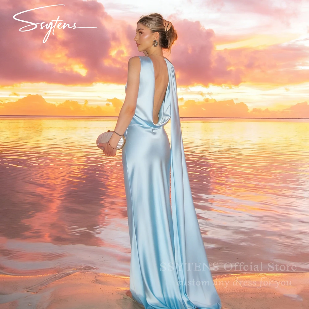 

SSYTENS Blue Satin Long Evening Dresses Sleeveless Saudi Arabric Simple Prom Dresses Backless Beach Floor Prom Gowns Dubai Women