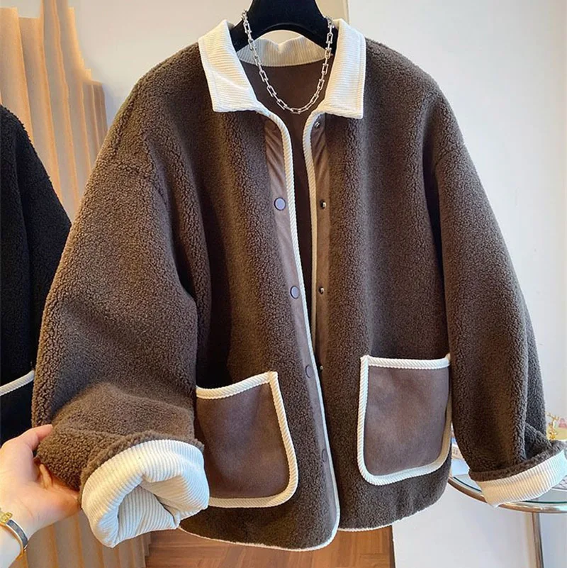 2024 Spring Autumn Female Lamb Wool Outwear Ladies Loose Fit Large Size 4XL Coat Korean Women Fashion Splicing Together Jacket