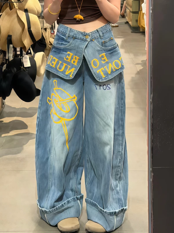 

Retro American Printed Lettering Jeans Loose Fit Women's Spring Summer New Style Spicy Girl Fake Two-Piece Comfortable Pants