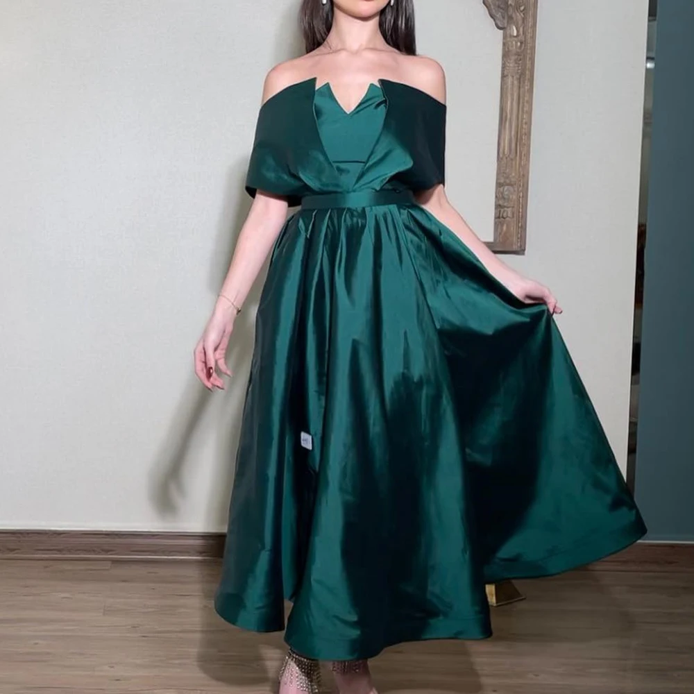 Temperament Pleats Off the Shoulder Half Sleeves Evening Dresses Formal A-Line Ankle Length Satin Green Party Gowns فساتين سهرة