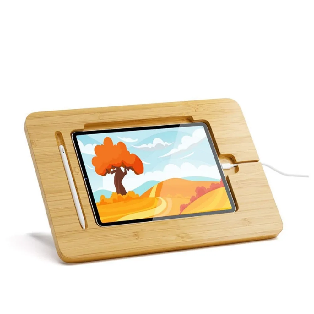 Adjustable Bamboo & Wood Tablet Stand, Suitable for iPad Drawing & Video Watching, Desktop Storage Holder