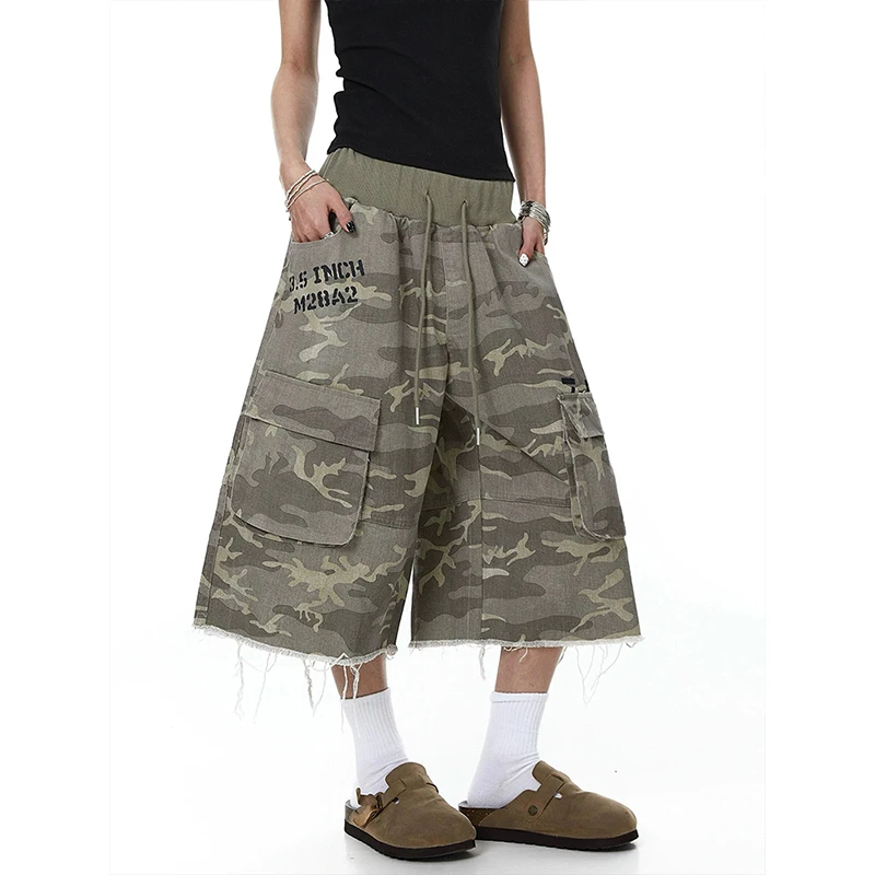 American Camouflage Male Camouflage Shorts Women's Pleated Wide Leg Loose Three-dimensional Pocket Streetwear Fashion