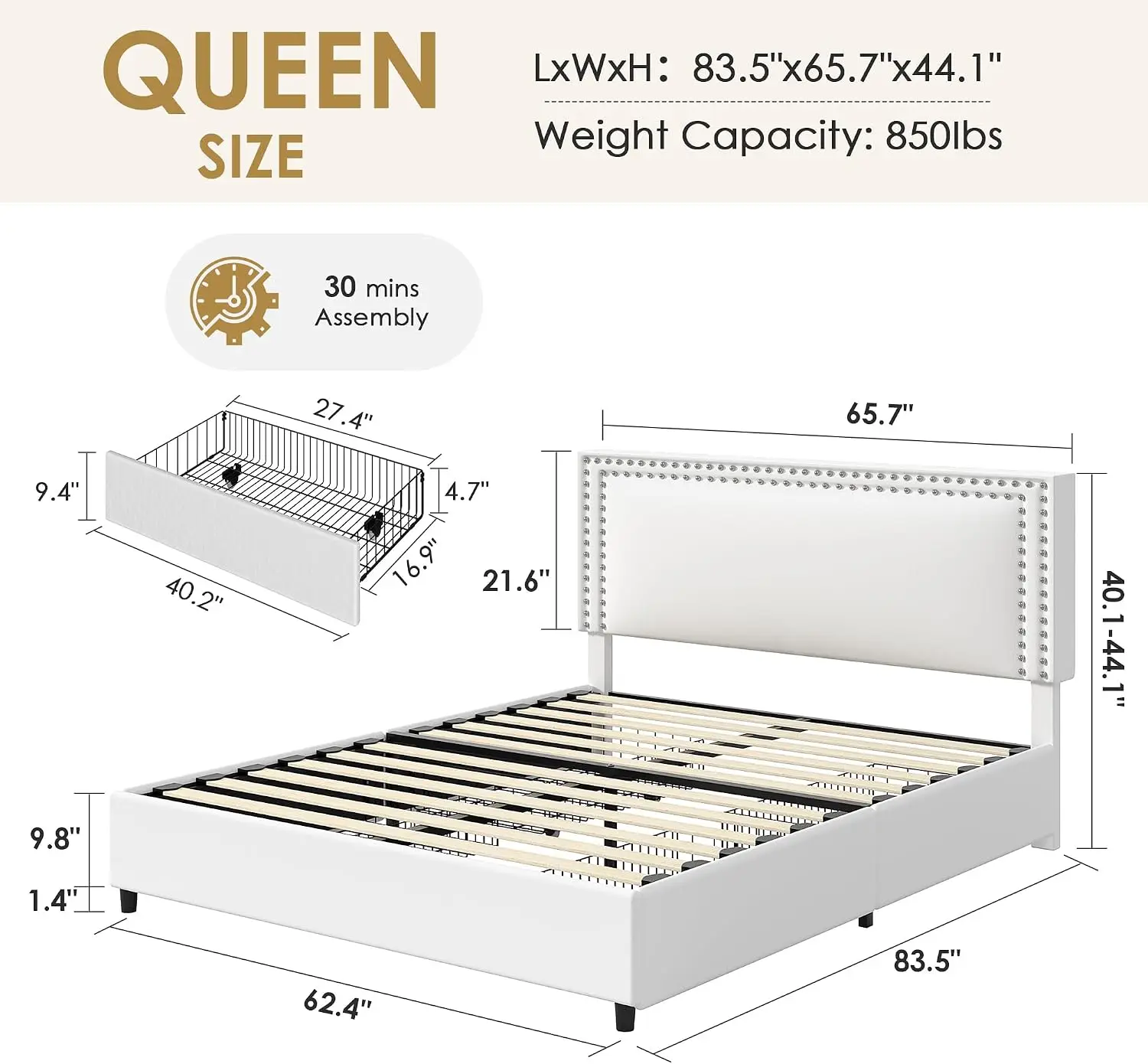 VECELO Queen Size Upholstered Bed Frame with 4 Storage Drawers, Adjustable Velvet Rivet Decor Headboard, Wooden Slats Platform S