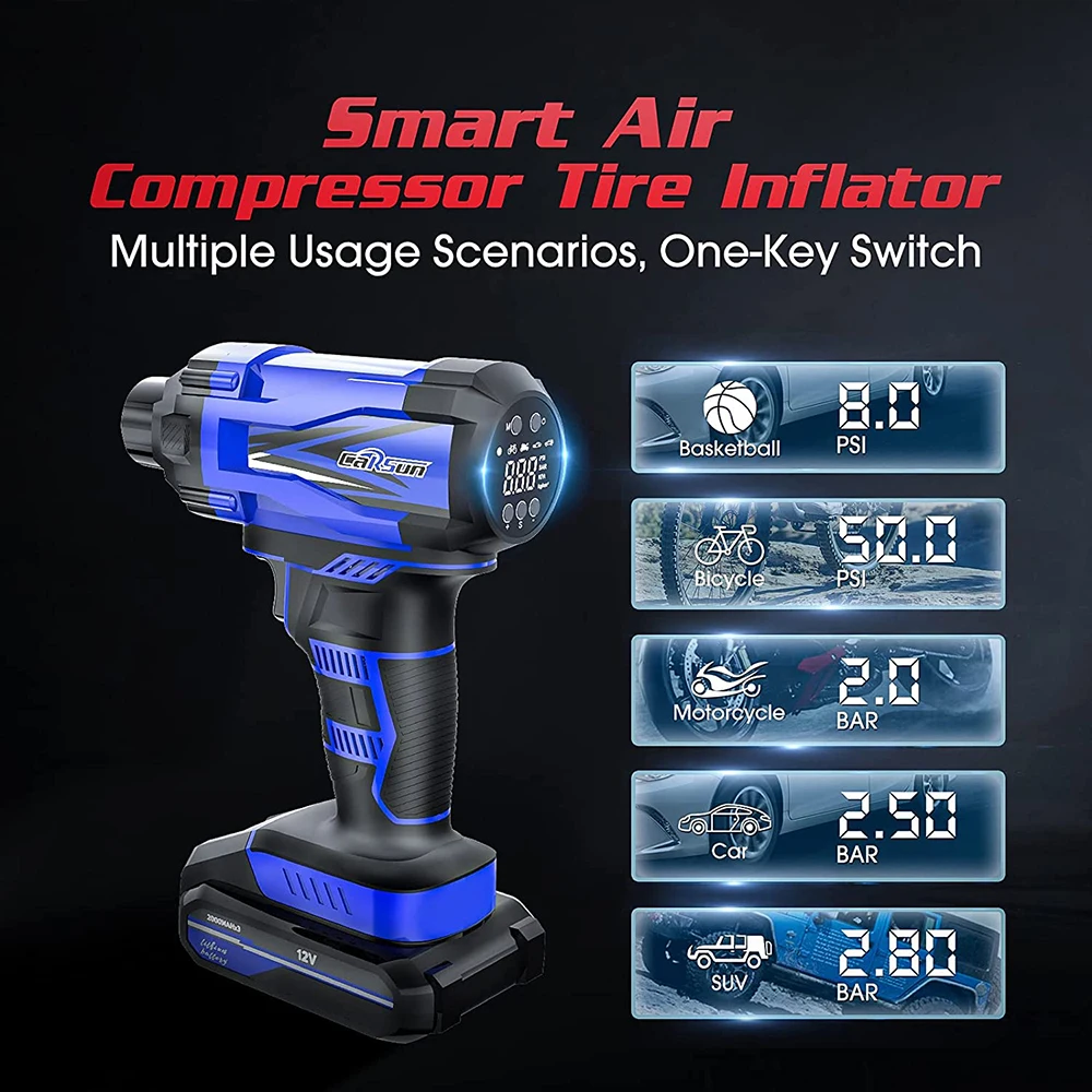 CARSUN Car Air Pump Wireless Inflatable Pump Portable Handheld Rechargeable Air Compressor Digital Car Automatic Tire Inflator