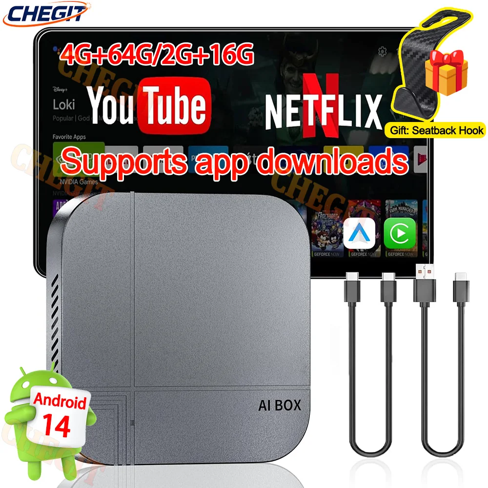 

Gift Android14 CarPlay AI Box Wireless CarPlay Android Auto 4+64G 2+16G Tv Box For VW Toyota MG Cherry SKoda Hyundai Benz