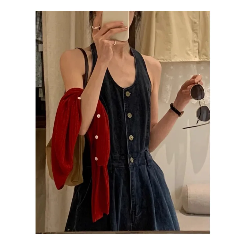 Soft Korean-style Retro Hong Kong-style Slimming Neck-wrap Denim Suspenders One-piece Pants for Women, New Style Long Pants