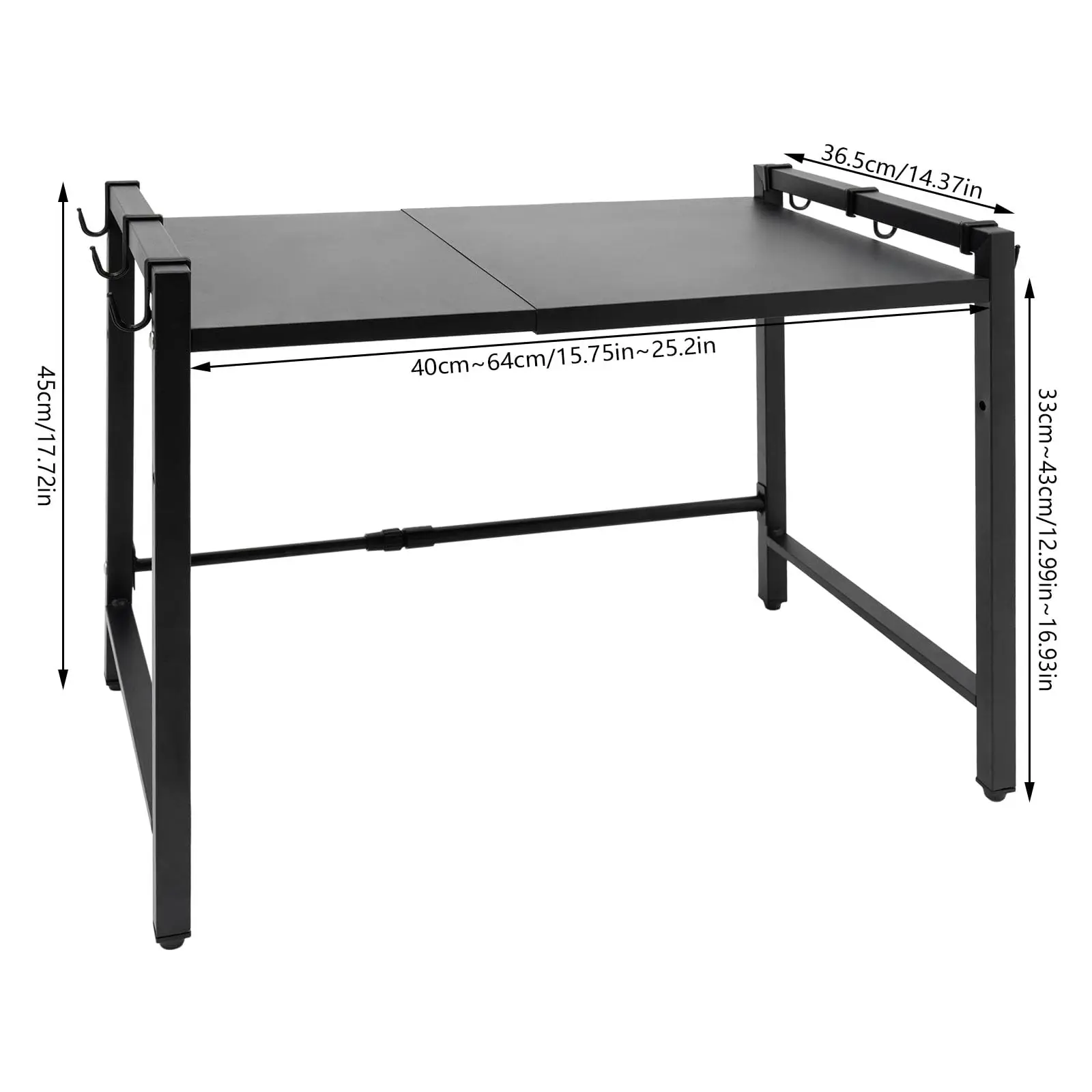 رف فرن ميكروويف قابل للتمديد، رف طاولة مطبخ قابل للتعديل شديد التحمل، حامل ميكروويف من طبقتين مع 6 خطافات لملابس المطبخ