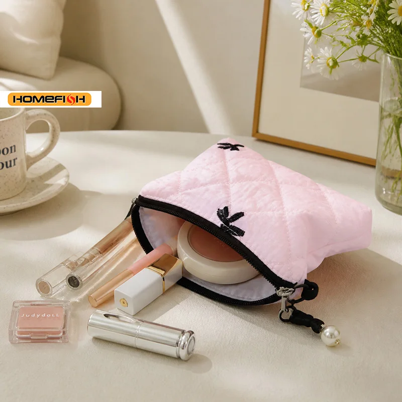 HOMEFISH Gesteppte Schleifen-Make-up-Tasche, Tragbare Reise-Tasche für Lippenstift, Kopfhörer, Kleine Gegenstände, Exquisite Handtasche – Detail 4