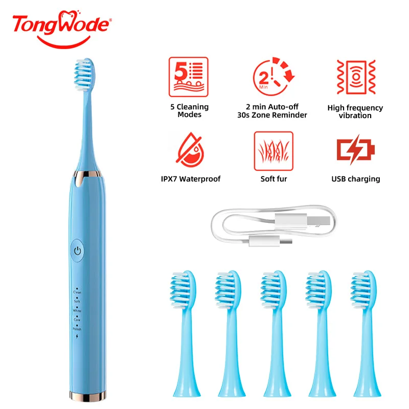 Tongwode Electric Sonic Toothbrush USB Rechargeable Waterproof Electronic Ultrasonic Whitening Tooth Brushes Replacement Heads