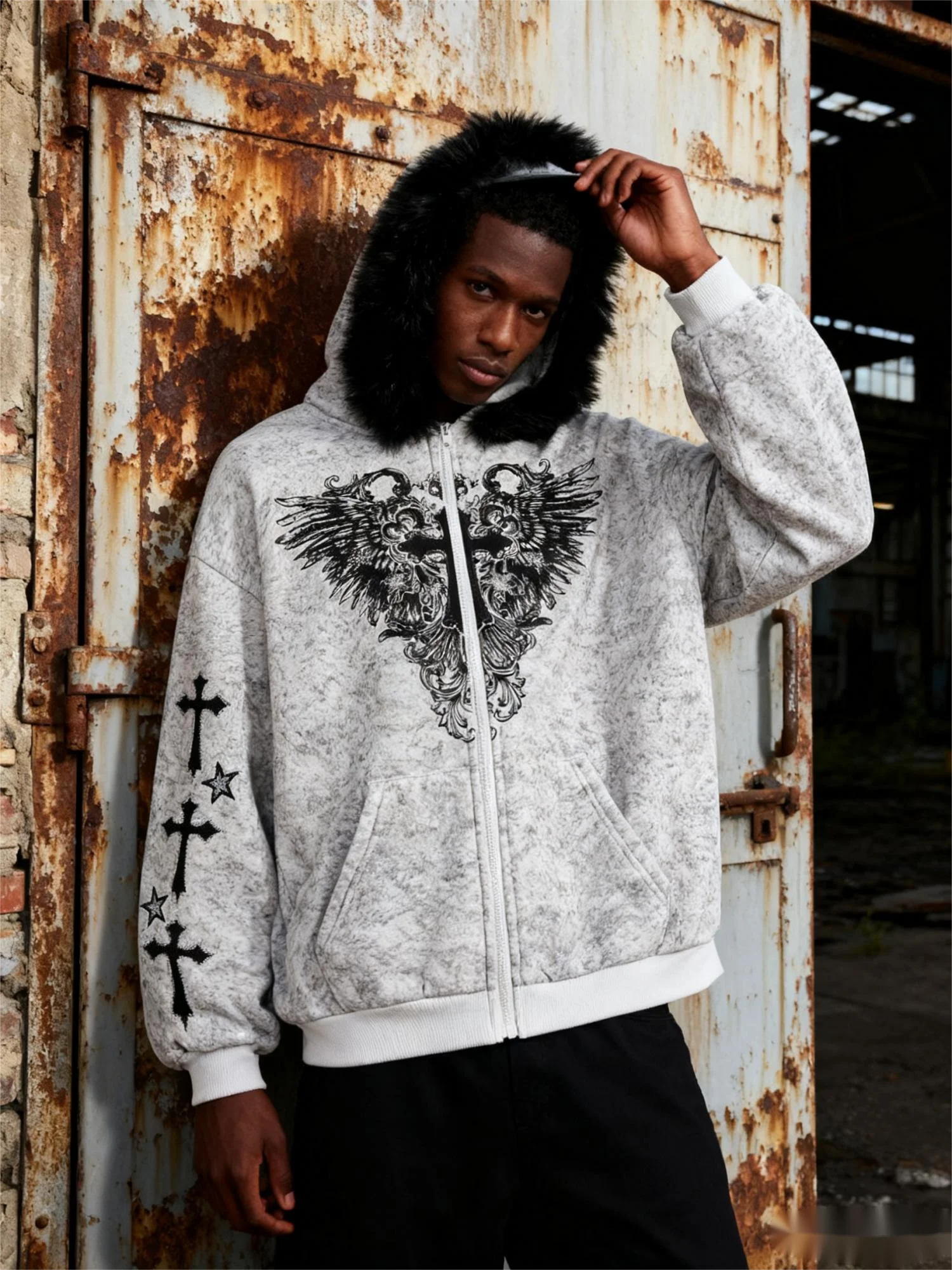 

Осенняя новая готическая уличная модная американская ретро Ins персонализированная толстовка с шерстяным воротником и принтом на молнии унисекс Y2k одежда