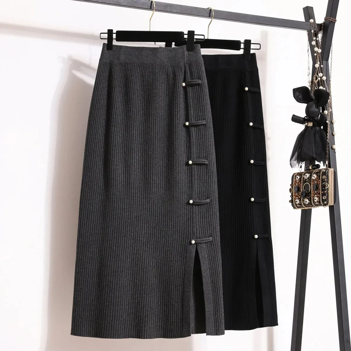 2025 Spring Autumn New Fashionable Knitted Solid color plate buckle Split Skirt, For Women Clothing, Casual Wrap Skirts