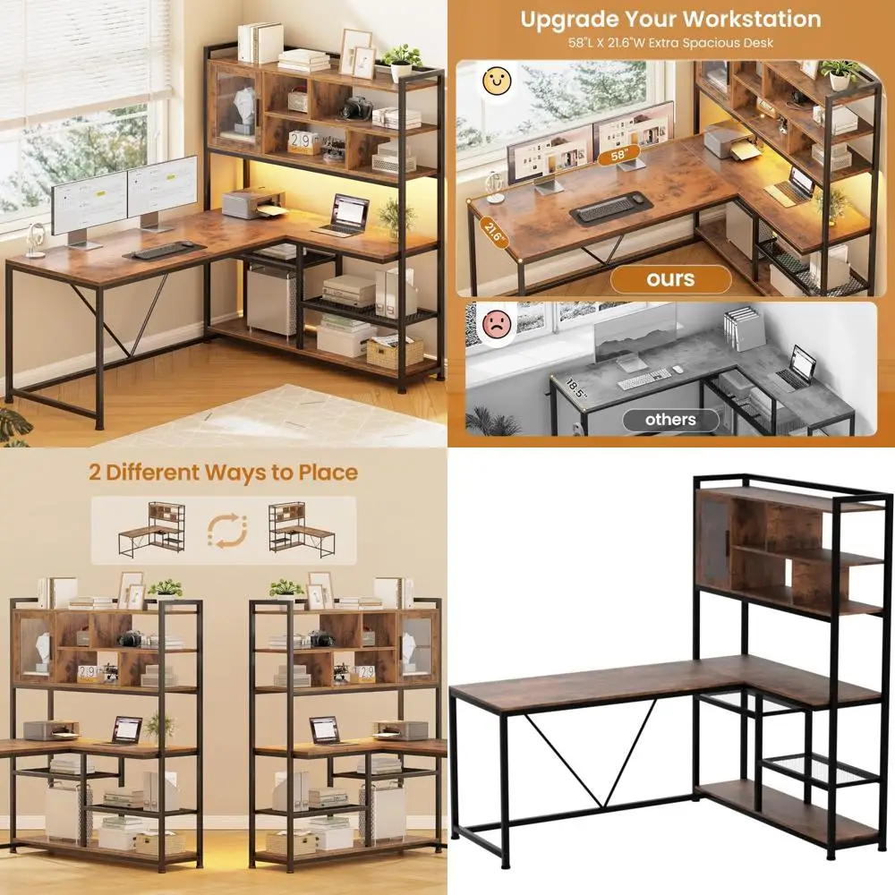LED-Illuminated L-Shaped Office Desk with Bookshelf and Storage, 58