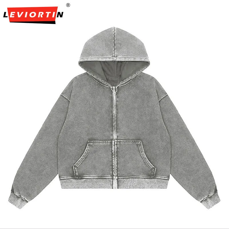 Retro Men Heavyweight 350gsm Zipper Hoodies Jacket Streetwear Unisex Loose Washed Cotton Hooded Sweaters Coat Hip Hop Outwears