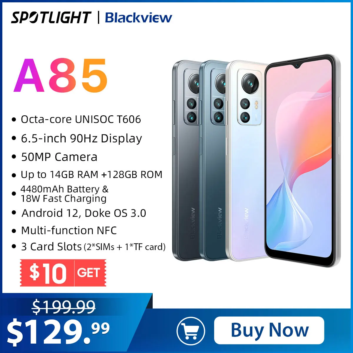 Camera Hành Trình Blackview A85 Android 12 Điện Thoại Thông Minh 8GB 128GB 6.5 ''90Hz Màn Hình Điện Thoại Di Động 50MP Camera 4480 MAh 18W Sạc NFC ĐTDĐ 4G