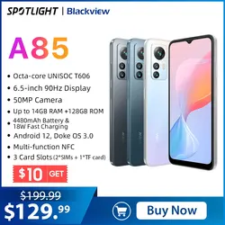 Blackview A85 Android 12 smartphone 14GB 128GB 6.5'' 90Hz Display 50MP Rear Cameras 4480mAh 18W Charge 3 Slot Card NFC Cellphone