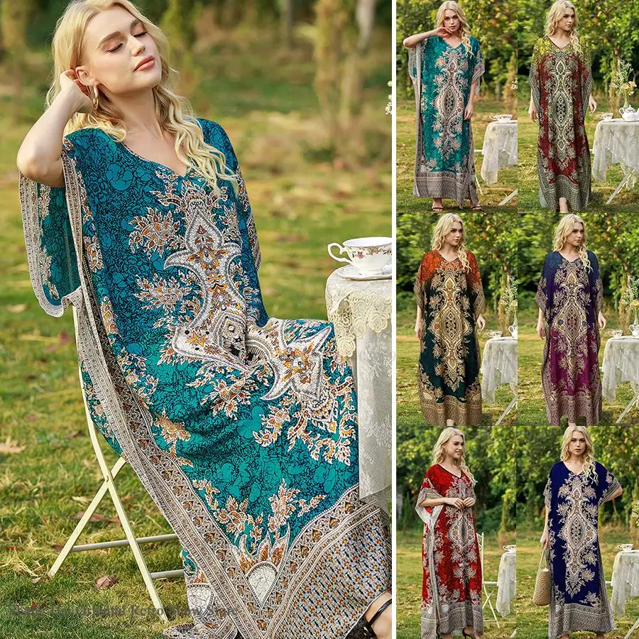 

Big Size Long Nightgown Women Sleepwear Homewear Print Flower Nightdress Night Wear Loose Satin Lounge Wear Beach Vacation Dress
