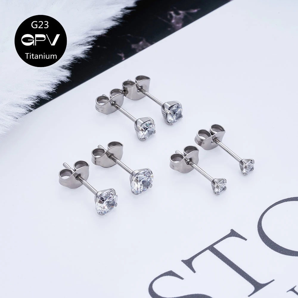 2pcs/Lot Size 4/5mm 6 Colors Punk G23 Titanium  Needle Zircon Crystal Stud Earrings For Men Women Party