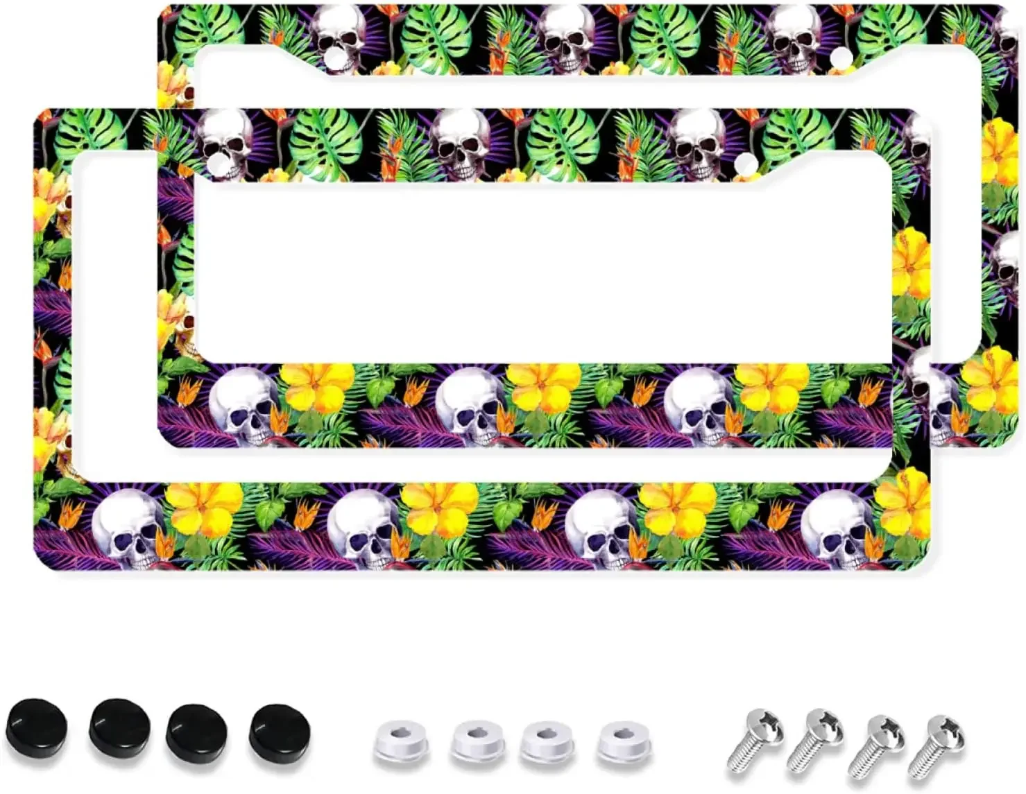 Skull Flower Pattern Car License Plate Frame 2 Pack License Plate Holder with 2 Holes Car Tag Frame for Women Men US Vehicles