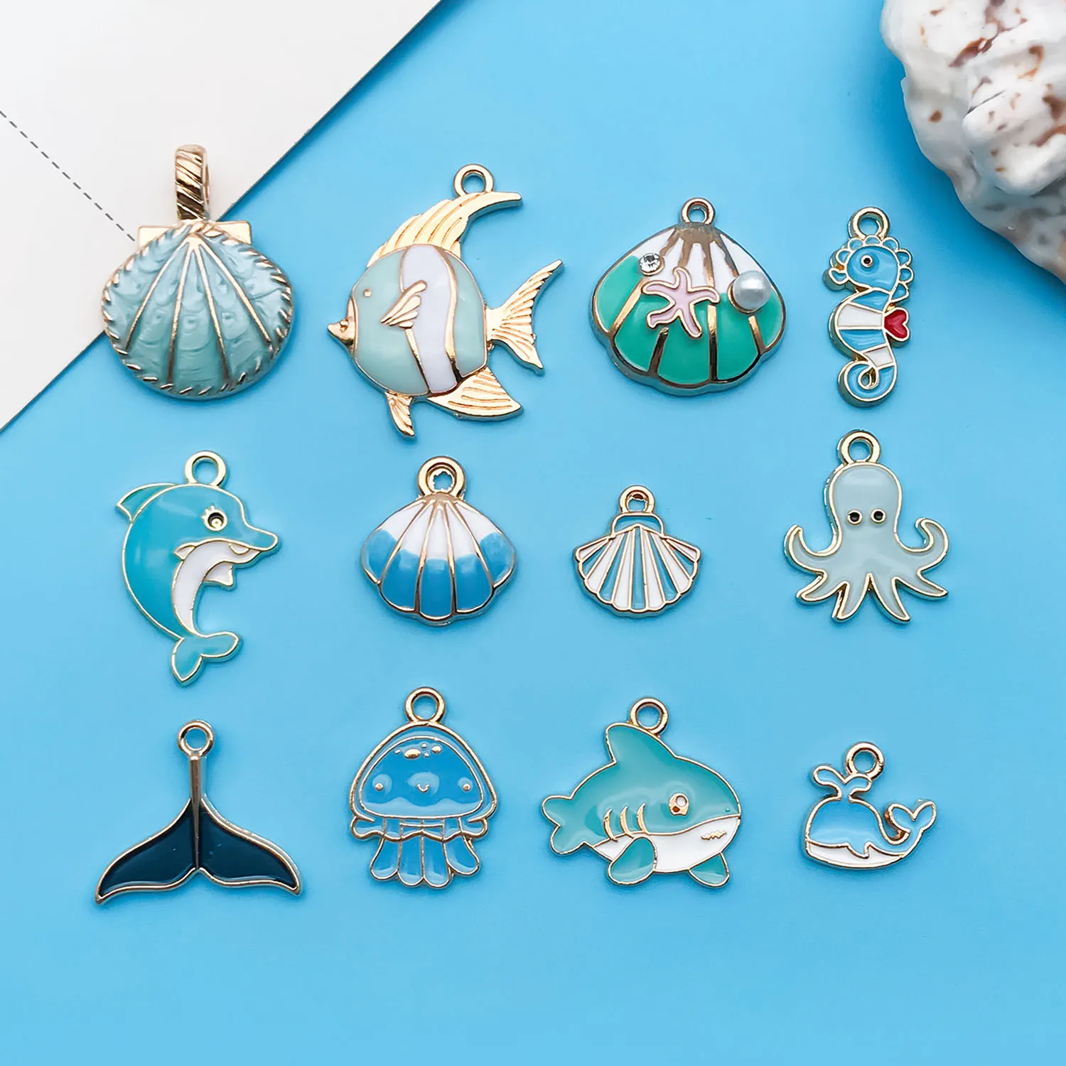 Mix 12pcs/lot Enamel Marine Life Shell Starfish Dolphin Charm Pendant For Jewelry Making DIY Earring Findings Accessories