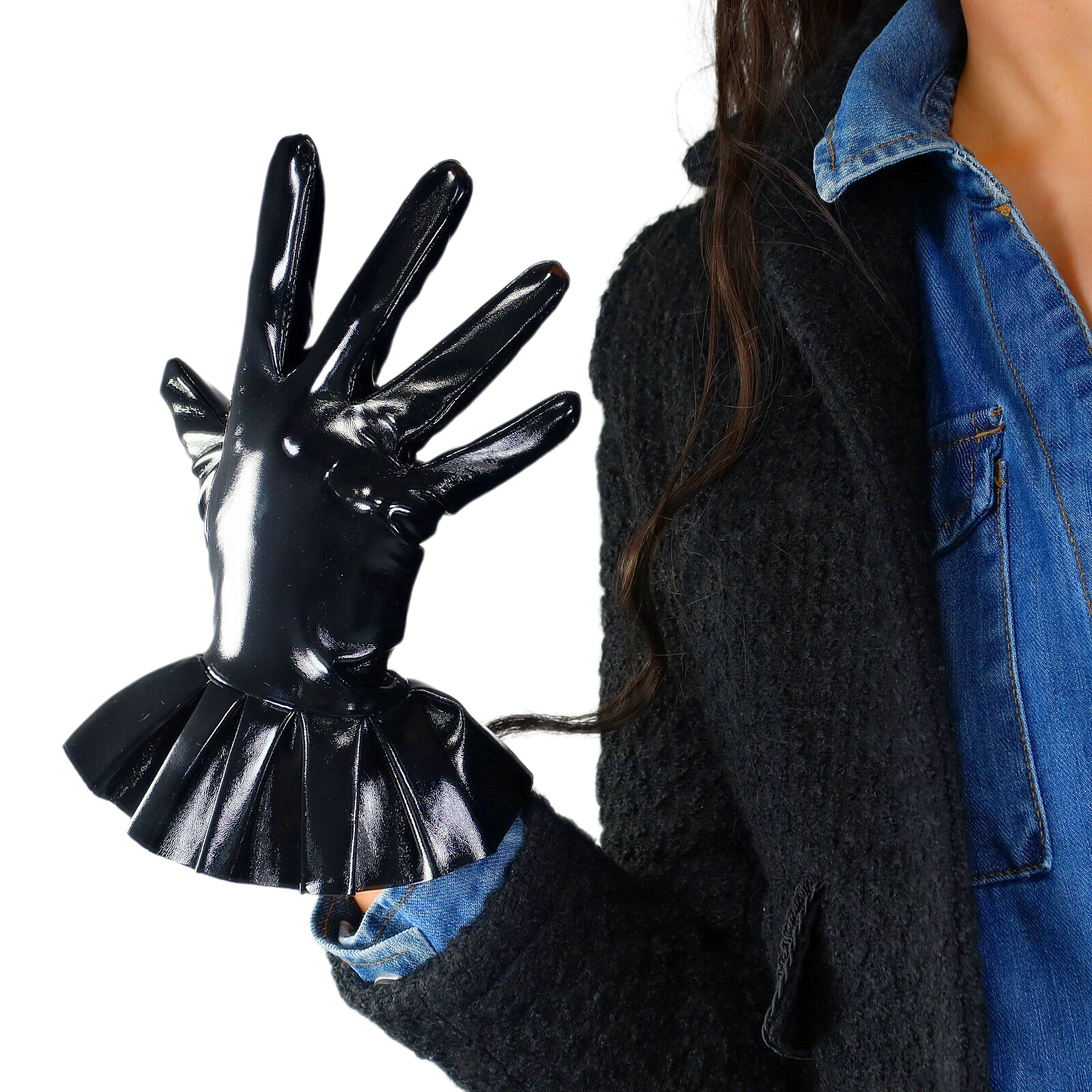 DooWay Women's Fashion Short Latex Gloves with Ruffle Trim Shine Wet Look Faux Patent Leather Black 25cm Evening Dancing Costume