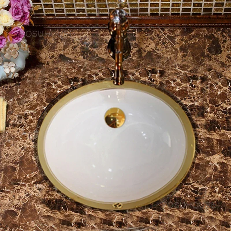 European Round Ceramic Bathroom Sinks Gold Undercounter Basin Embedded Washing Sinks Small Toilet Hand Basin Bathroom fixtures