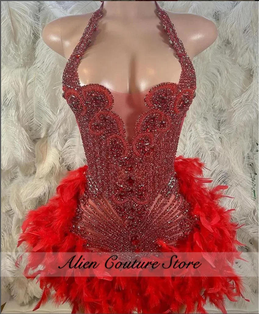 

Shining Pink Crystal Short Prom Dress For Black Girl Sparkly Senior Cocktail Dress Birthday Gown Women 2024 Feathers Customized