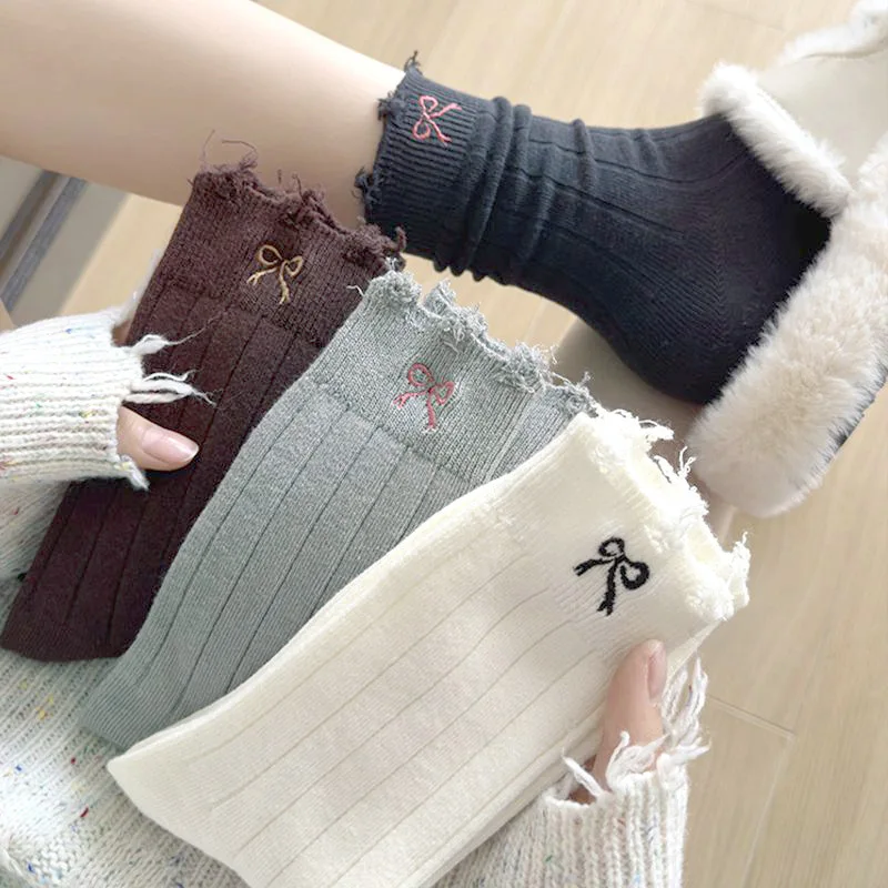 1/3/5Pair Bow Socks For Women Sweet Cute In Tube Socks Female Fashion Versatile Pile Socks Hole Design JK Harajuku Socks Autumn