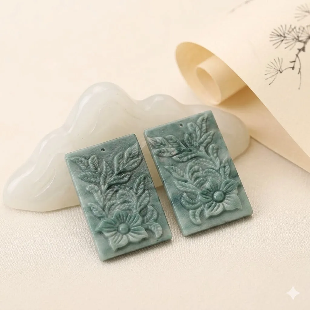 Natural Green Wave Jasper Flower Carving Pendant Bead Semiprecious Stone Matched Pairs 35x22x3mm for Jewelry Making