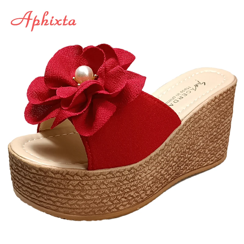 Aphixta 9cm obcasy slajdy perły kryształy aplikacje buty kobieta klapki klapki Wedge Heel platforma kobieta plaża Zapatos Mujer