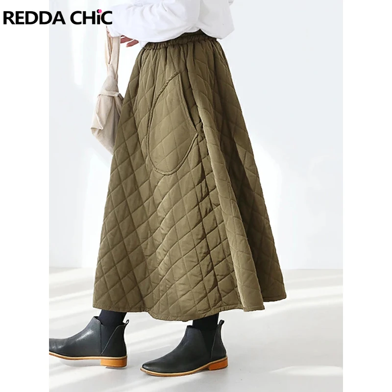 

REDDACHiC Cotton Padded Bubble Skirt Women Casual Solid Elastic Waist Pockets Quilted Midi Long Skirt Snow Ski Winter Clothes