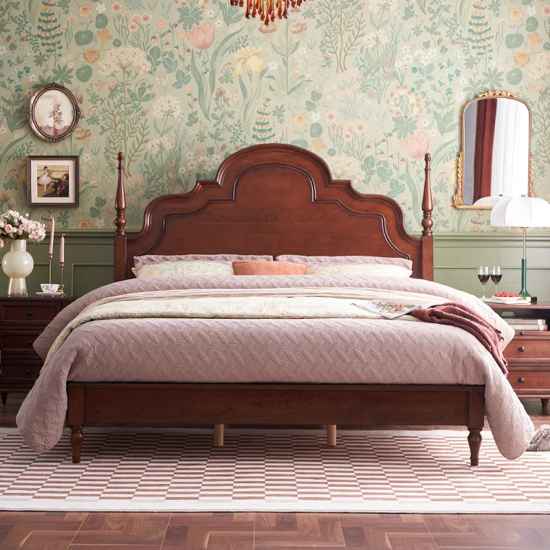 Rural retro cherry wood full solid wood bed master bedroom furniture wedding bed 1.8 meters double bed
