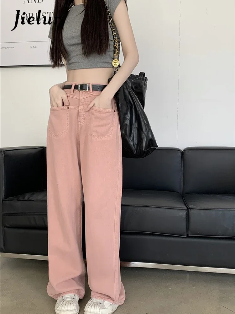 

Jielur Spring New High Waist Loose Straight Pink Jeans Women's Soild Color Slim Fashion Zipper Fly Light Denim Female Pants