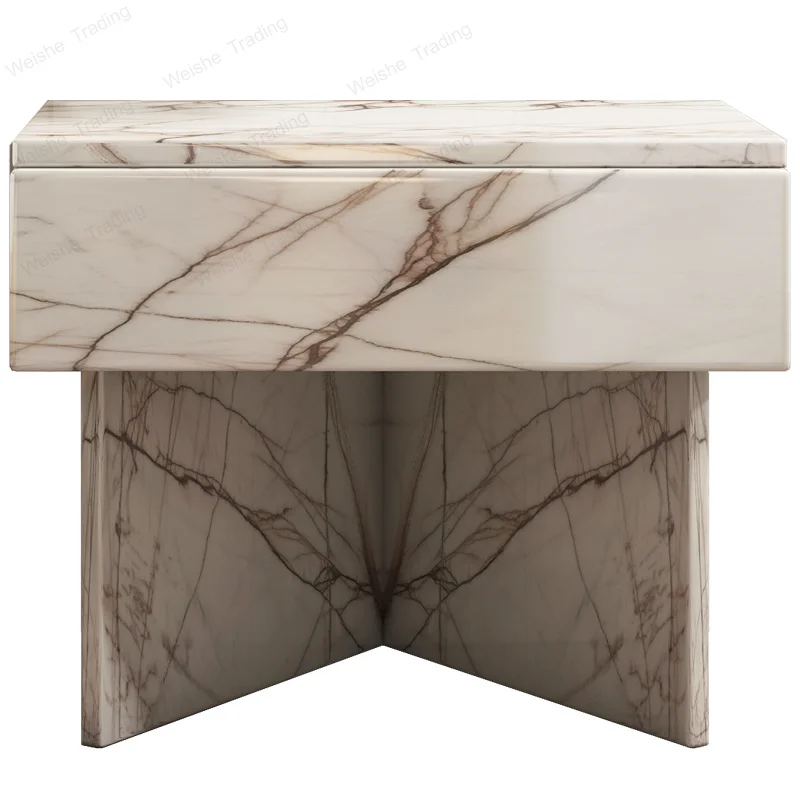 Mesita de Noche Minimalista Italiana de Mármol Calacatta Blanco y Laurent Negro Dorado, Base Geométrica Cuadrada Redondeada con Amplio Cajón de Almacenamiento