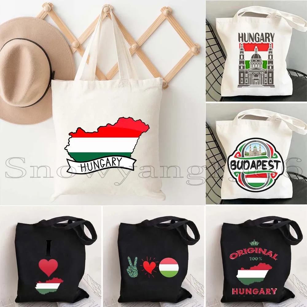 Budapest Hungary Flag Heart Country Map Hungarian Gift Shoulder Canvas Tote Bag Harajuku Shopping Fashion Casual Shopper Handbag