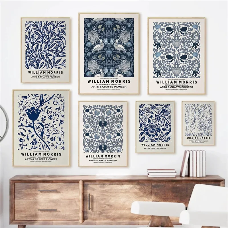 （2D Canvas painting） William Morris Print Exhibition Poster Blue Botanical Flower Canvas Painting Floral Wall Art Living Room