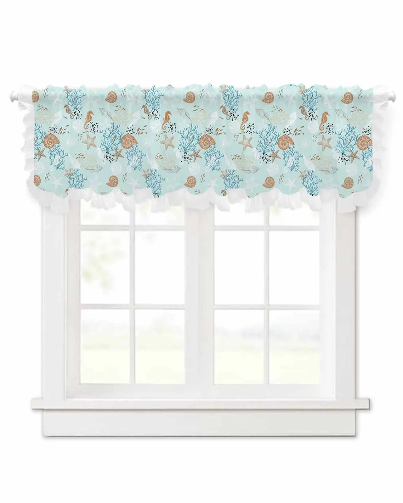 Starfish And Shells Coral Retro Short Tulle Half Curtains for Living Room Kitchen Door Cafe Window Sheer Valance Drapes