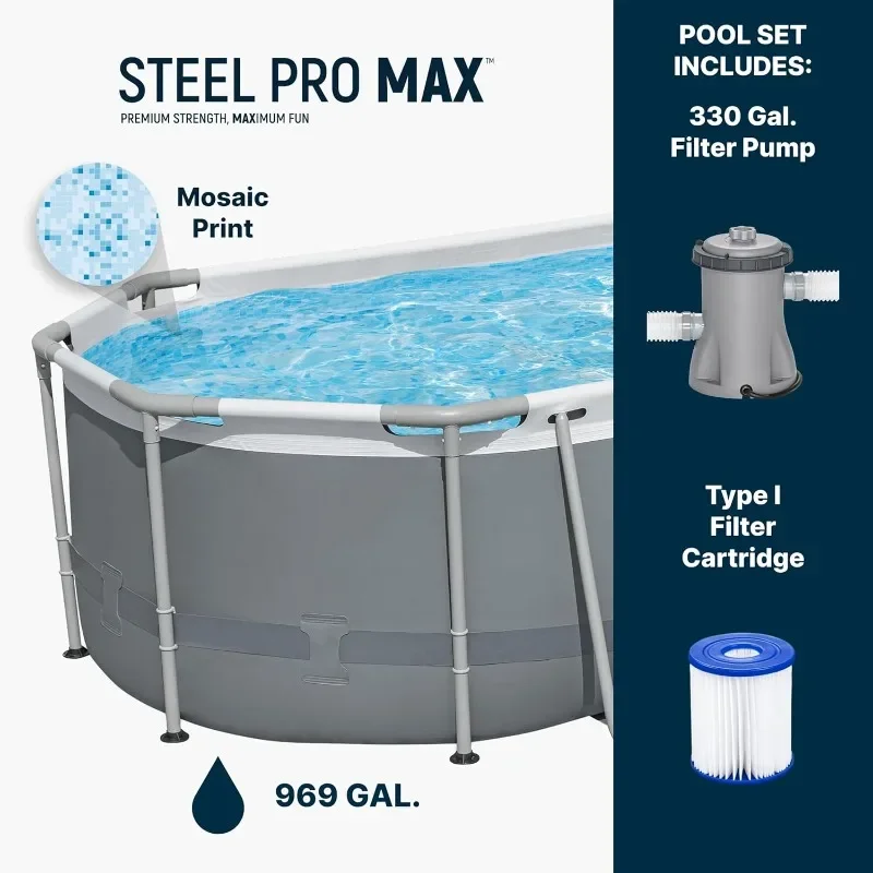 Bestway Steel Pro MAX 10' x 6'7' x 33' Oval Above Ground Swimming Pool Set, 330 GPH Filter Pump,Tritech Puncture Resistant Liner