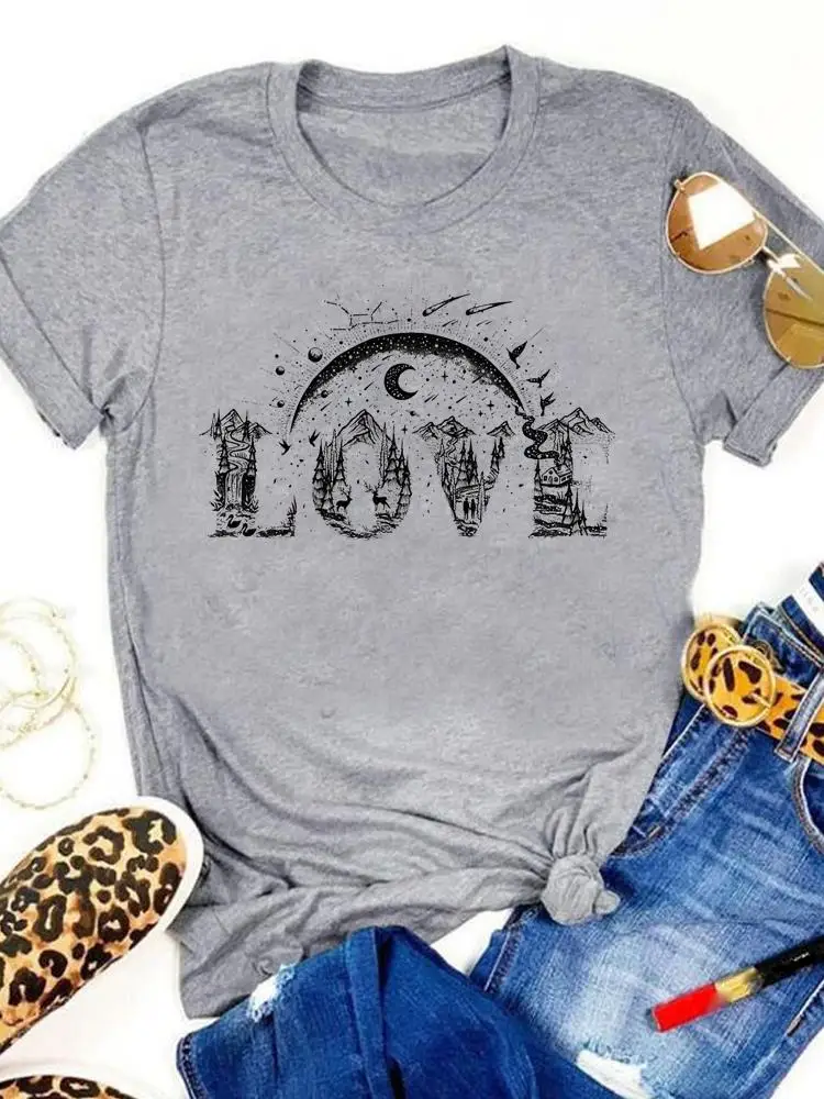 Summer T-shirts Cartoon Shirt Female Short Sleeve Print Women Love Letter Moon Trend Cute Clothing Fashion T Top Graphic Tee