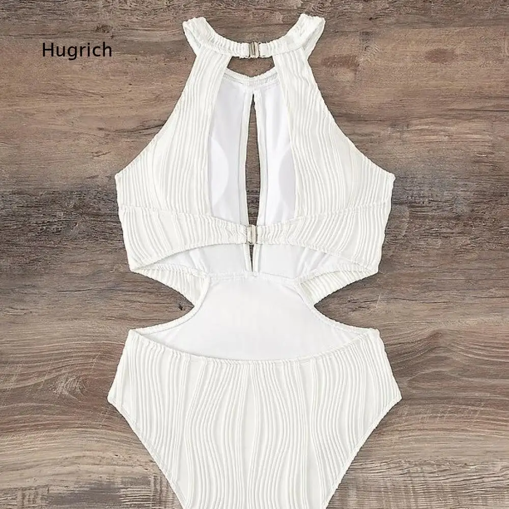 Summer Beach One Piece Swimsuit For Women Halter Neck Keyhole Cutout Cross Wrap Waist Textured Fabric Swimming Costume