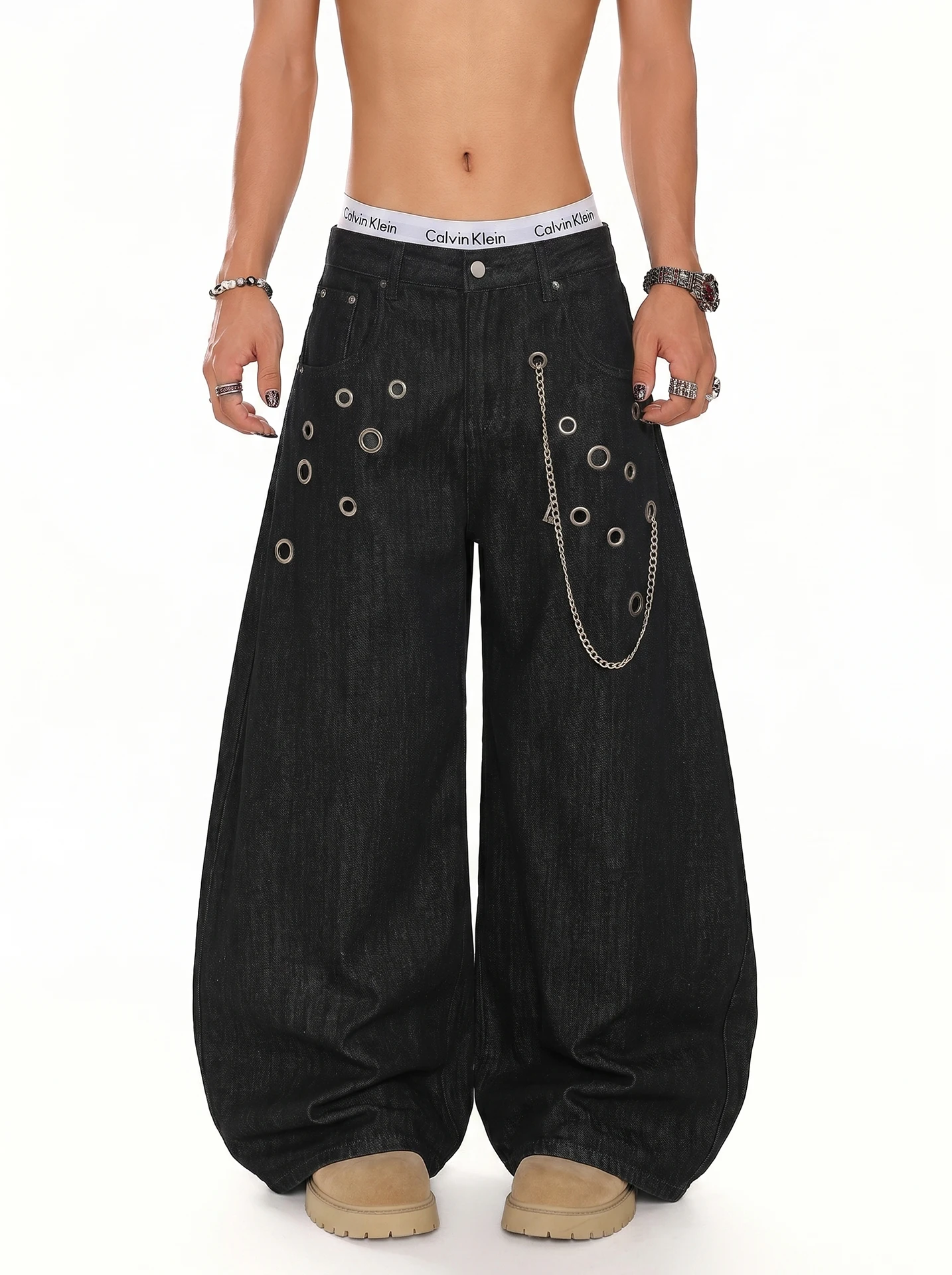 

Retro American High Street Hollow out Rivet Trendy Loose Wide Leg Knife Men's Jeans Summer Casual Straight Cut Jeans