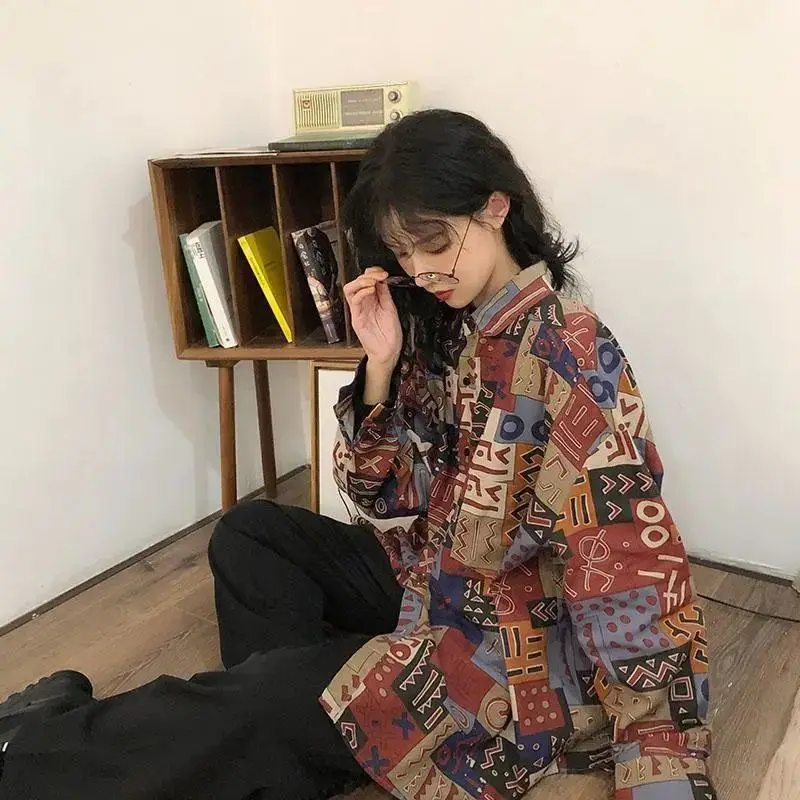 GIDYQ Y2k Vintage Printing Women Shirt Harajuku Streetwear Oversized Casual Lapel Shirt Korean Chic Long Sleeve Blouses Tops